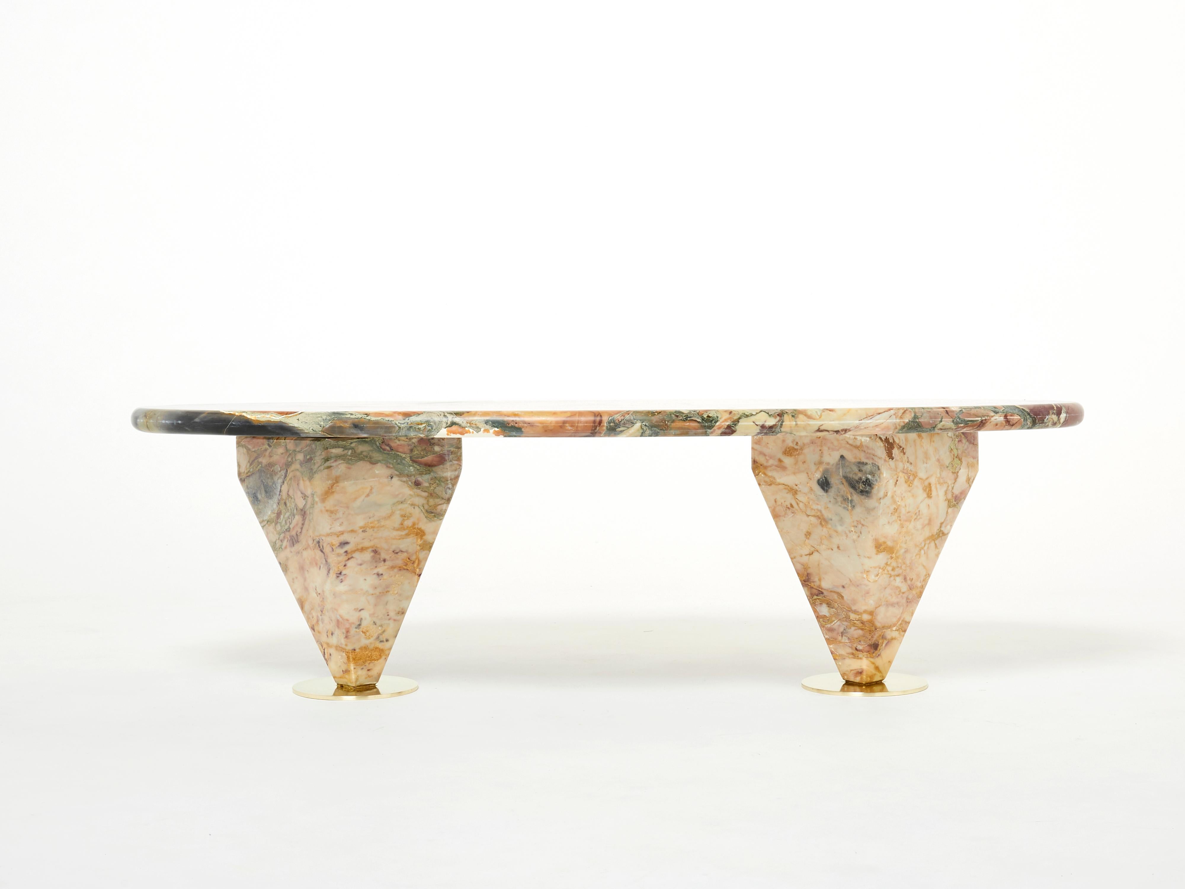 Oval Free Form Eye Breccia Benou Marble Brass Coffee Table 1980s For Sale 2