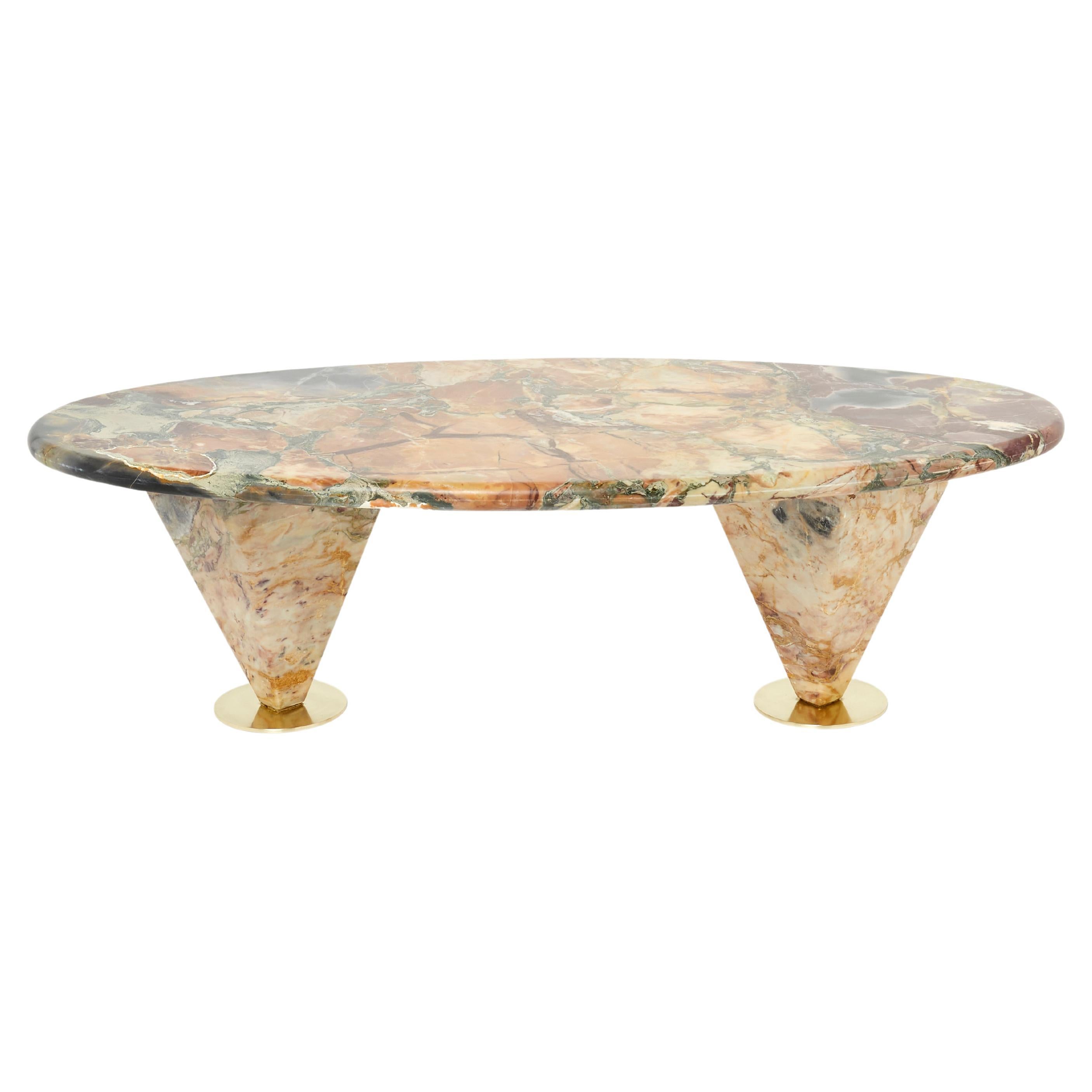 Oval Free Form Eye Breccia Benou Marble Brass Coffee Table 1980s For Sale