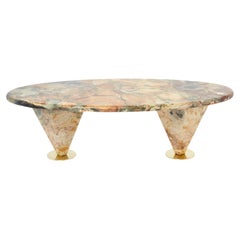 Vintage Oval Free Form Eye Breccia Benou Marble Brass Coffee Table 1980s