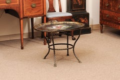 Oval French Black Painted Tole Tray with Floral Decoration & Twisted Brass Base