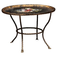 Oval French Black Painted Tole Tray with Floral Decoration & Twisted Brass Base