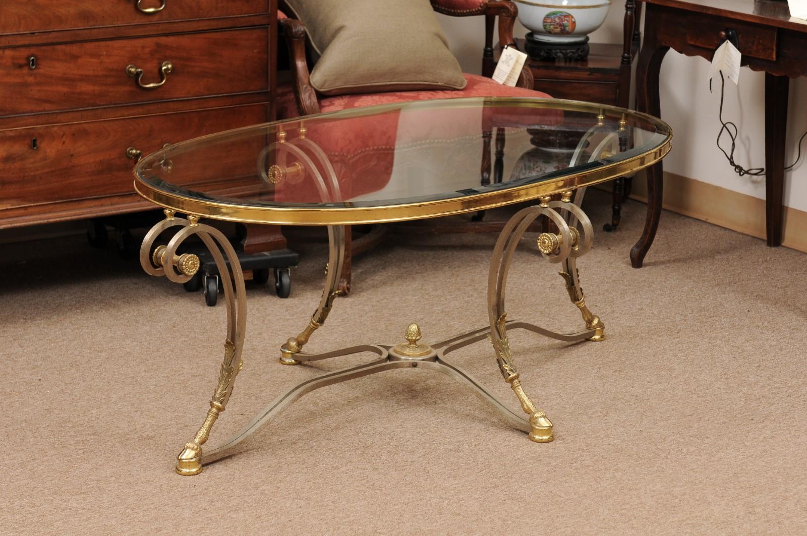 Oval French Steel & Brass Coffee Table with Glass Top, Hoof Feet & Acorn Detail 5