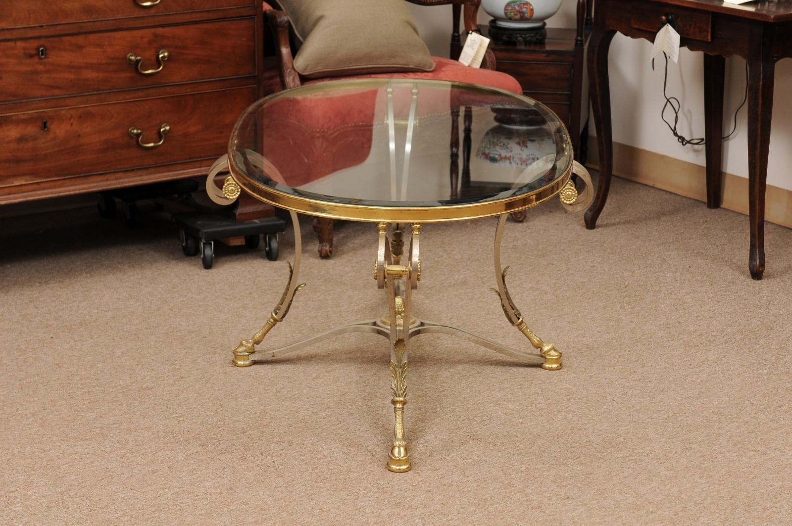 Oval French Steel & Brass Coffee Table with Glass Top, Hoof Feet & Acorn Detail 6