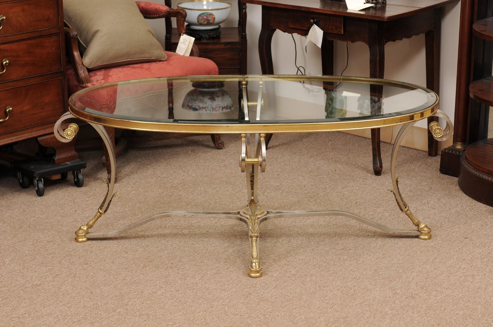 Oval French Steel & Brass Coffee Table with Glass Top, Hoof Feet & Acorn Detail 7