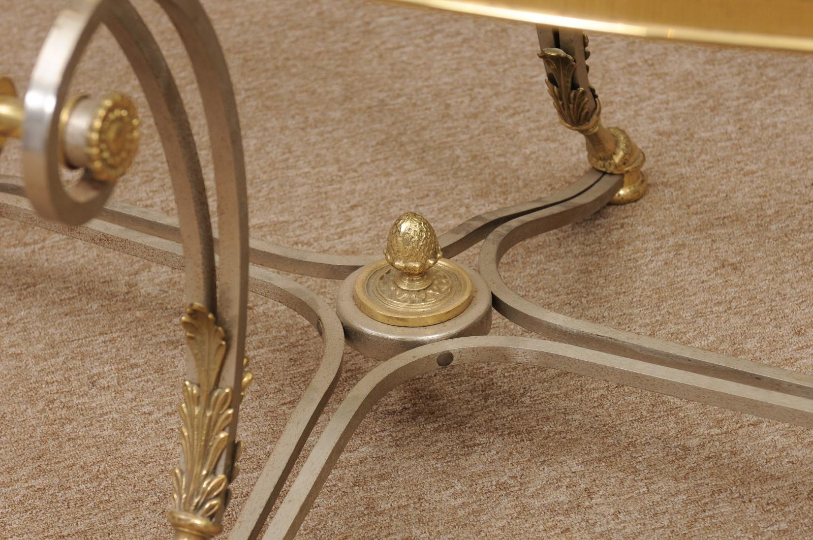 Oval French Steel & Brass Coffee Table with Glass Top, Hoof Feet & Acorn Detail 8
