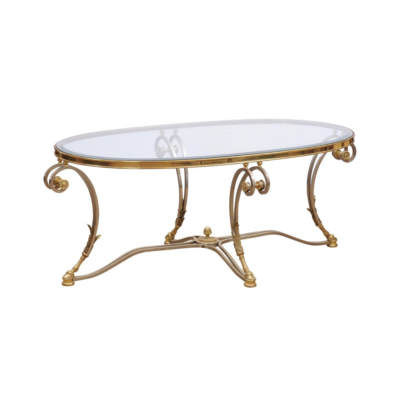 Oval French Steel & Brass Coffee Table with Glass Top, Hoof Feet & Acorn Detail, 20th Century