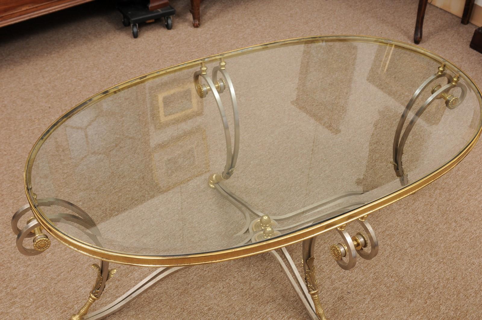 20th Century Oval French Steel & Brass Coffee Table with Glass Top, Hoof Feet & Acorn Detail