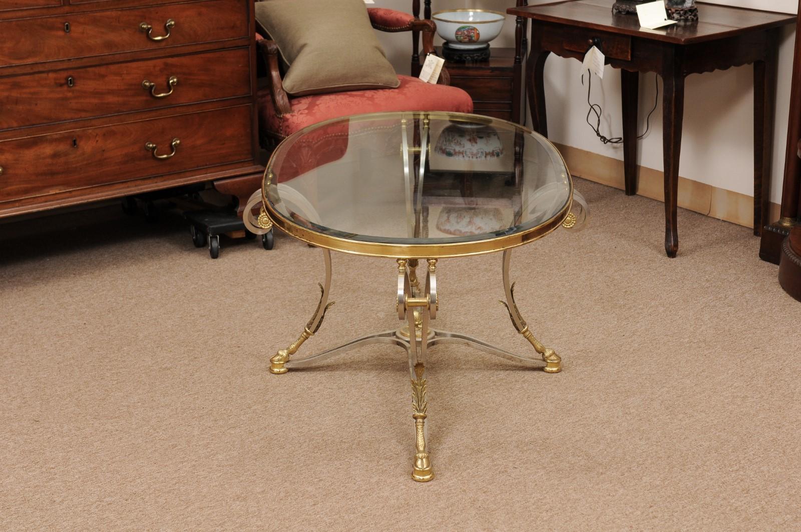 Oval French Steel & Brass Coffee Table with Glass Top, Hoof Feet & Acorn Detail 1