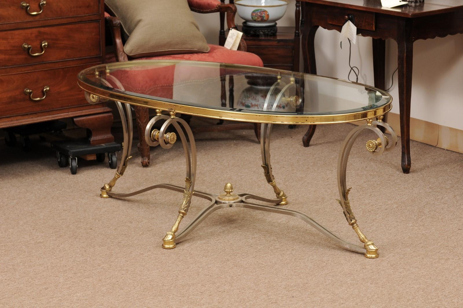 Oval French Steel & Brass Coffee Table with Glass Top, Hoof Feet & Acorn Detail 2