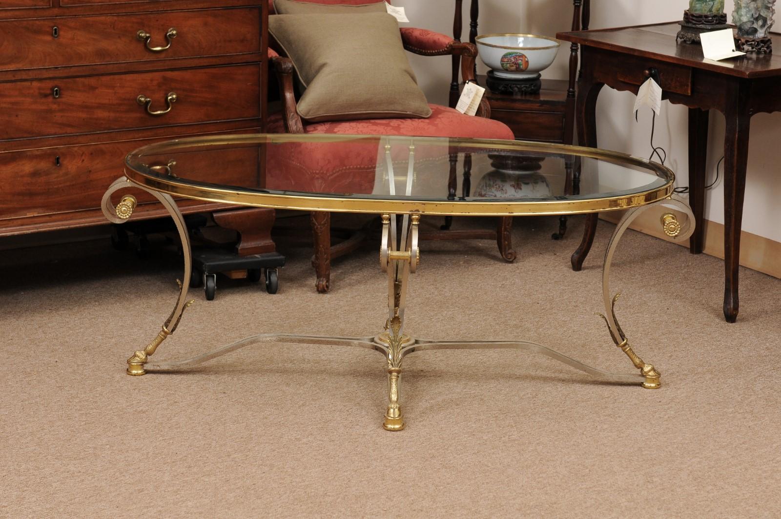 Oval French Steel & Brass Coffee Table with Glass Top, Hoof Feet & Acorn Detail 3