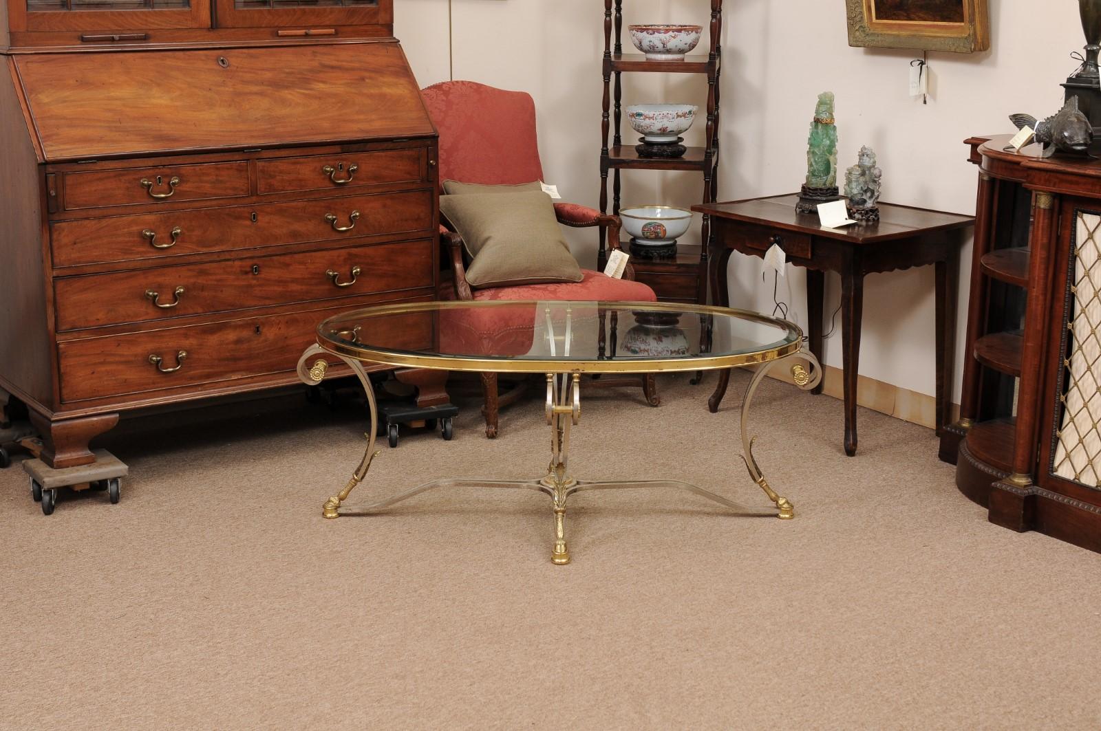 Oval French Steel & Brass Coffee Table with Glass Top, Hoof Feet & Acorn Detail 4
