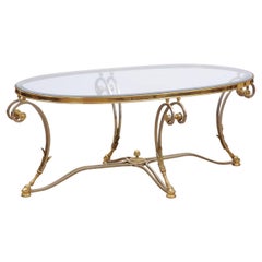 Oval French Steel & Brass Coffee Table with Glass Top, Hoof Feet & Acorn Detail