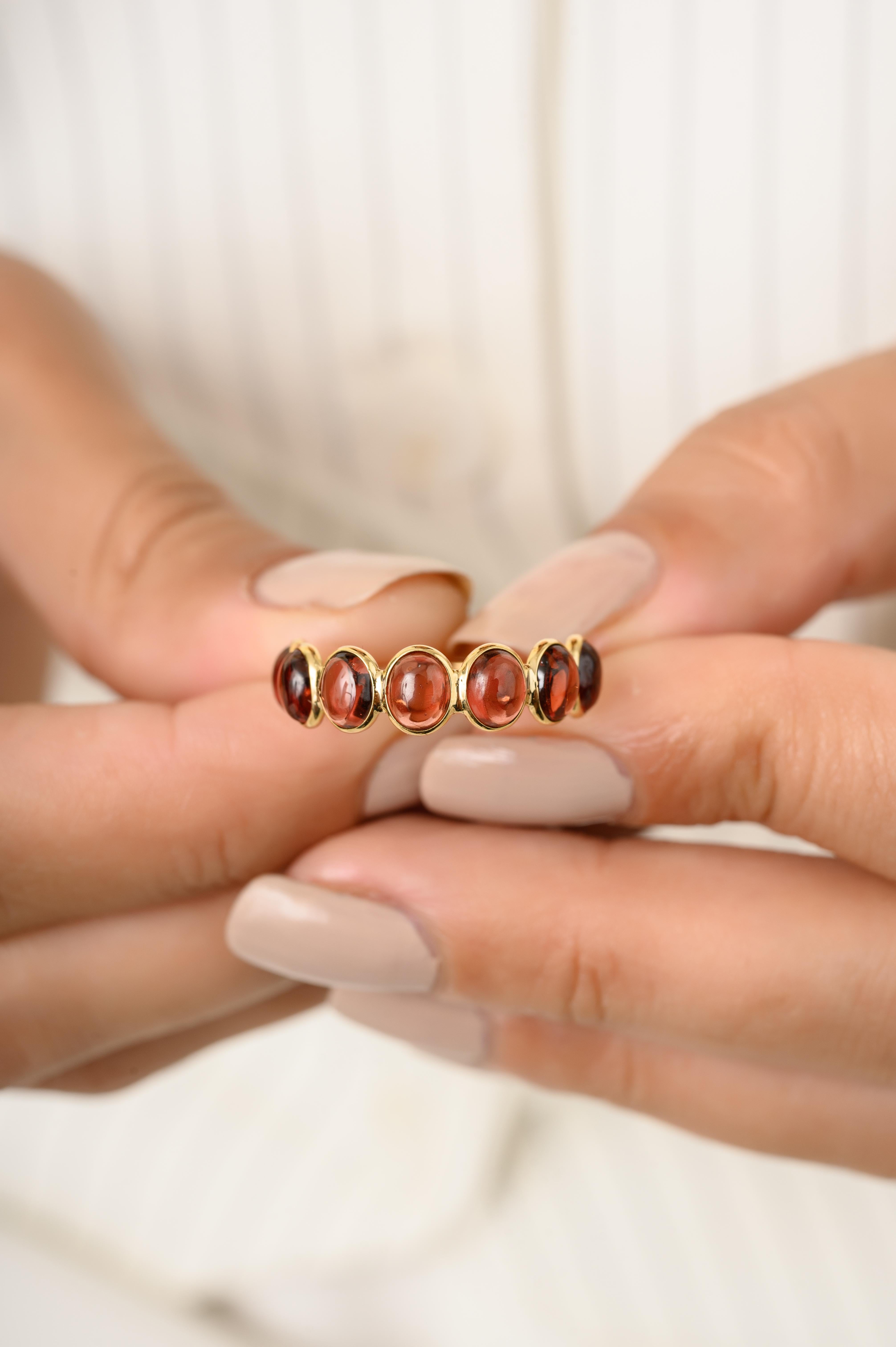 For Sale:  Oval Garnet Half Eternity Band Ring in 18k Solid Yellow Gold 4