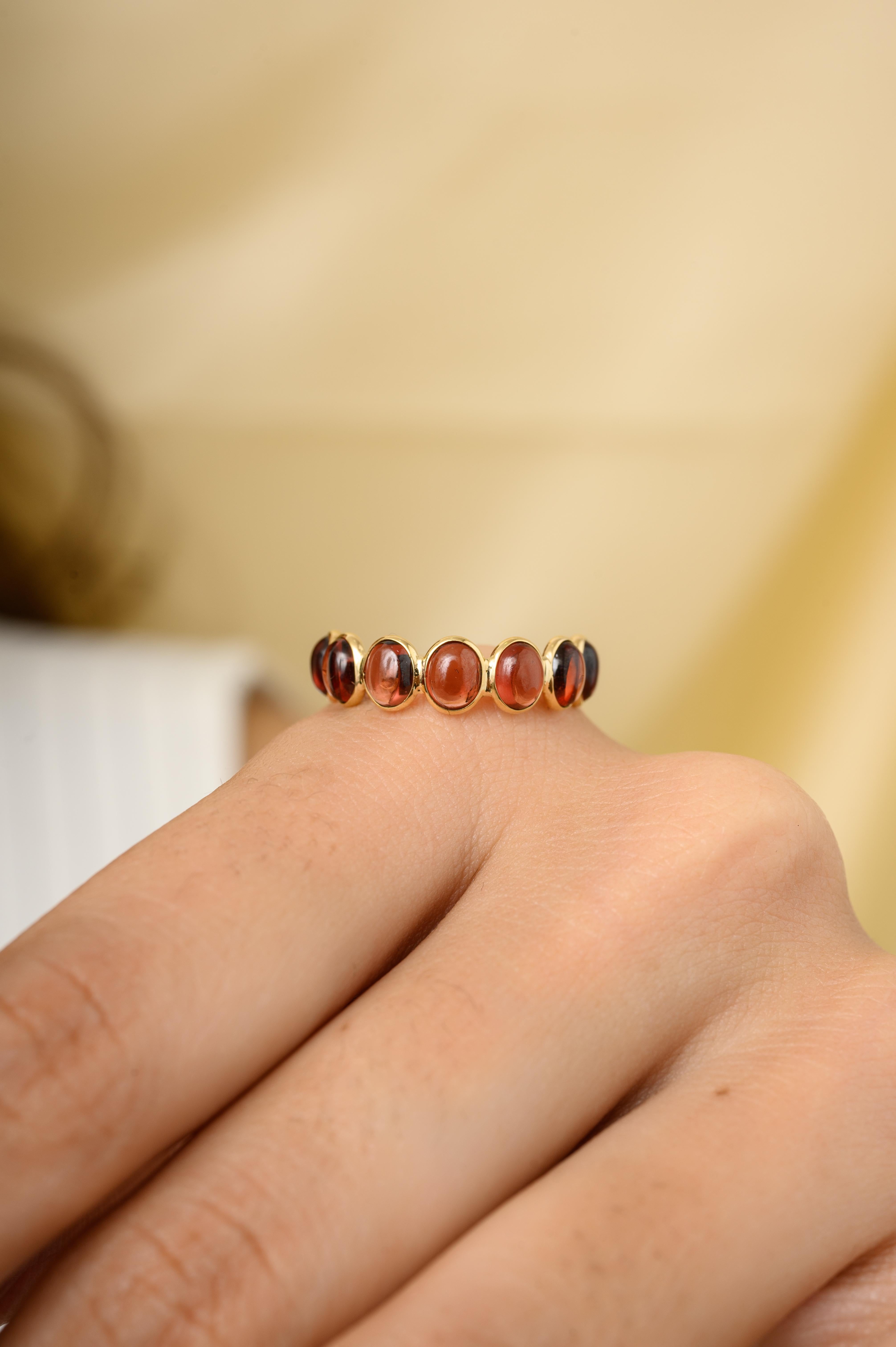 For Sale:  Oval Garnet Half Eternity Band Ring in 18k Solid Yellow Gold 6