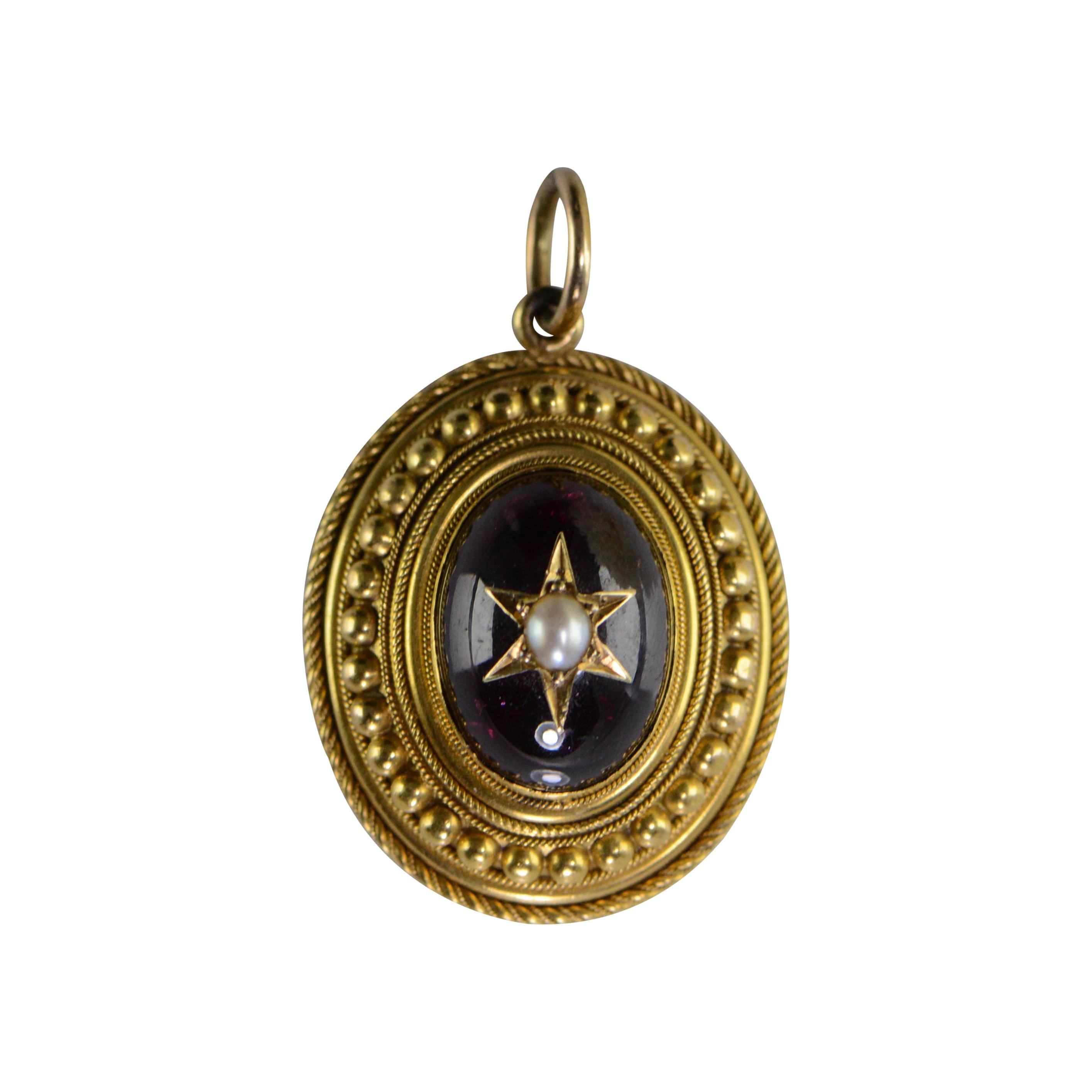Oval Garnet Pearl Star Victorian Gold Pendant For Sale