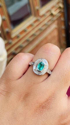 Oval Genuine Emerald Wedding Ring with Halo Diamonds in 18k White Gold