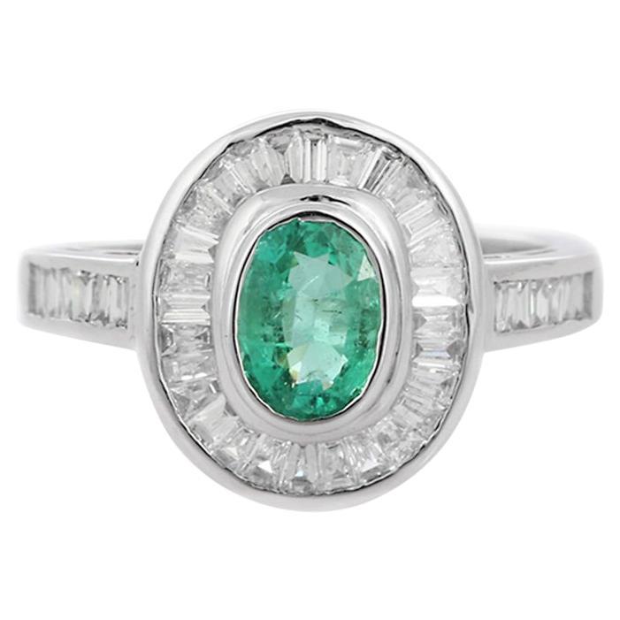 Oval Genuine Emerald Wedding Ring with Halo Diamonds in 18k White Gold