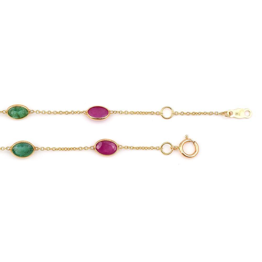 Oval Cut Oval Genuine Ruby and Emerald 18k Yellow Gold Bracelet