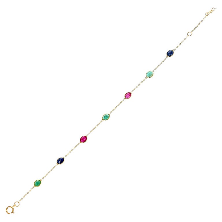 Oval Genuine Ruby, Blue Sapphire and Emerald 18k Yellow Gold For Sale