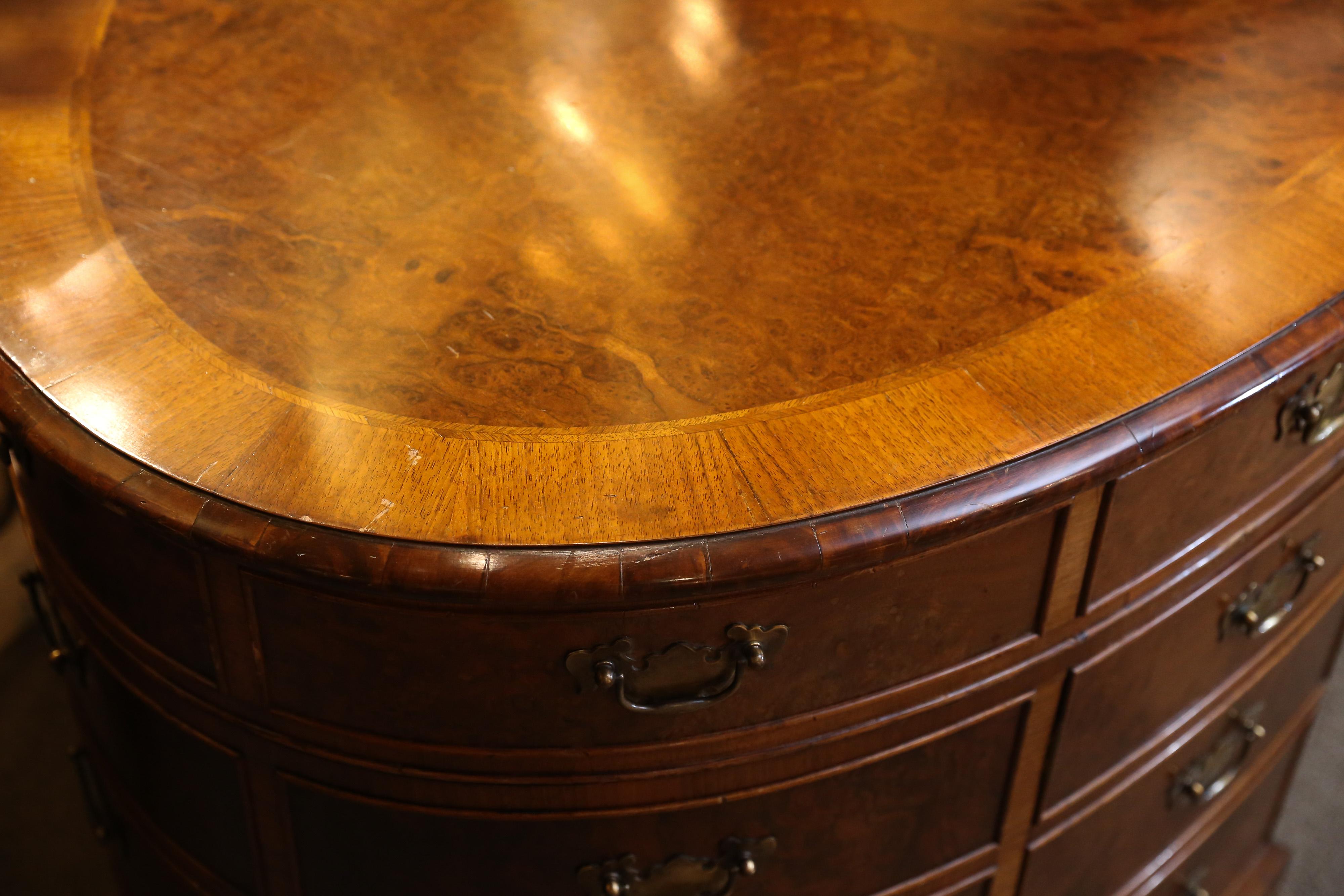 European Oval Georgian-Style Partners Desk; Banded Mahogany and Oyster-Burl