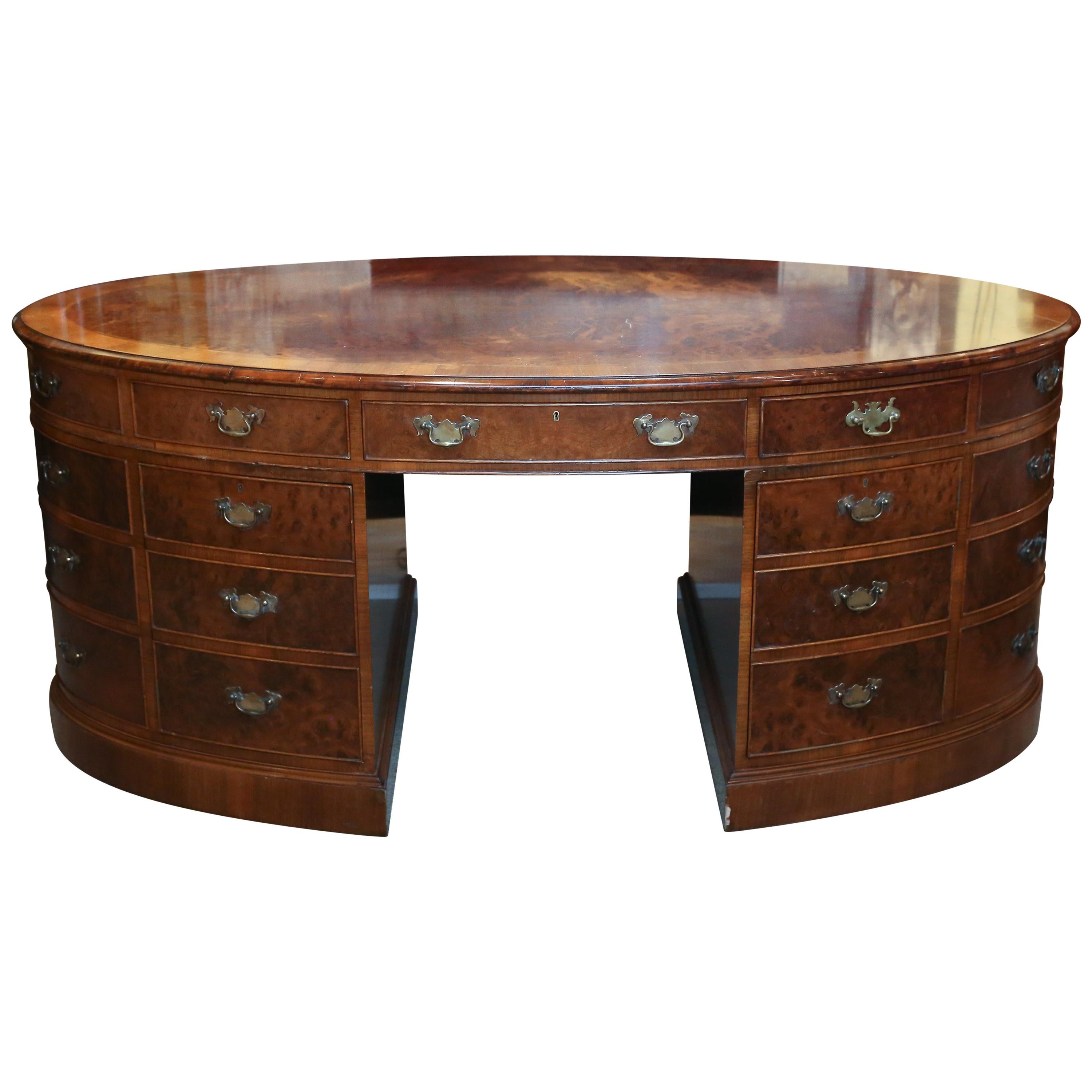 Oval Georgian-Style Partners Desk; Banded Mahogany and Oyster-Burl