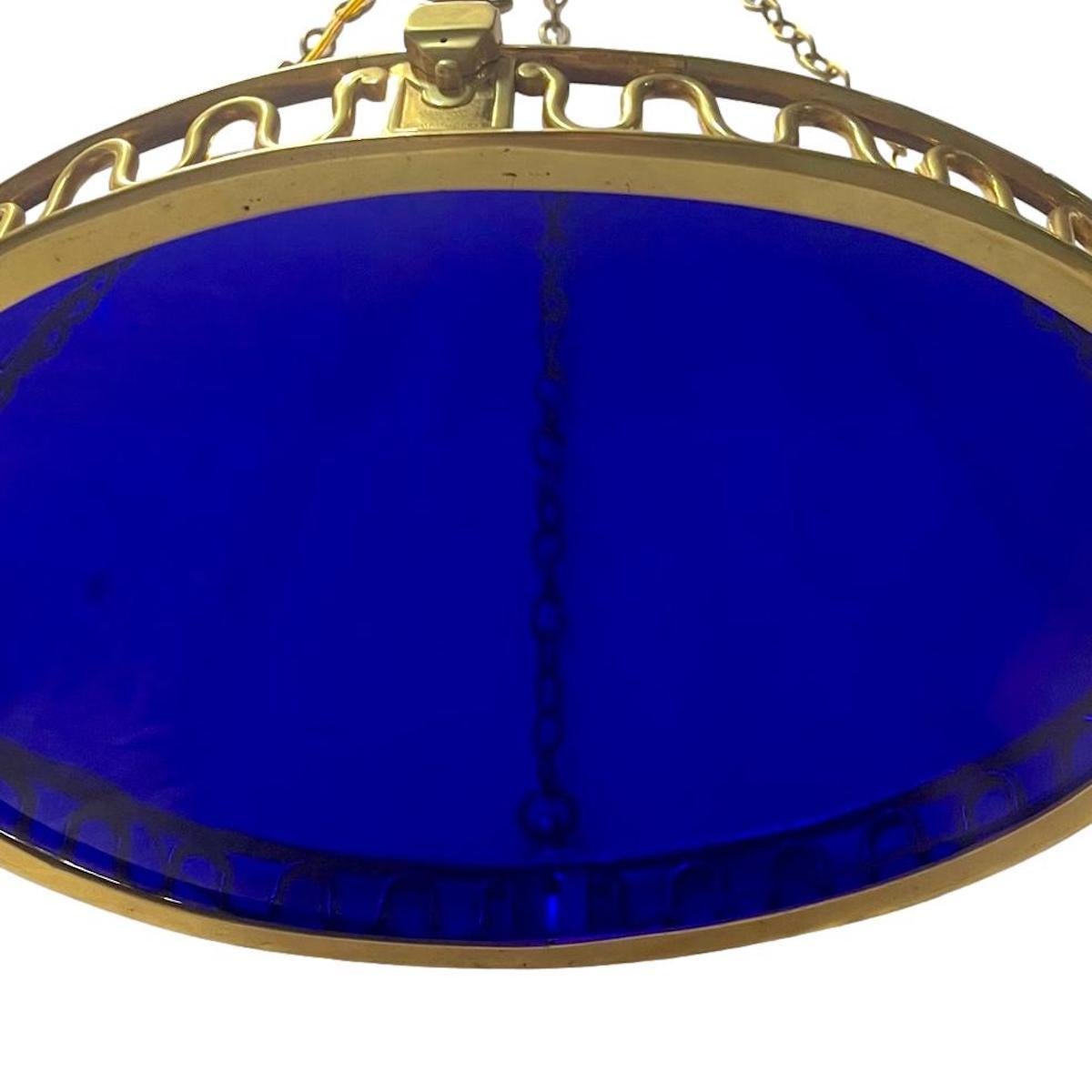 French Oval Gilt Bronze Neoclassic Chandelier with Cobalt Glass For Sale