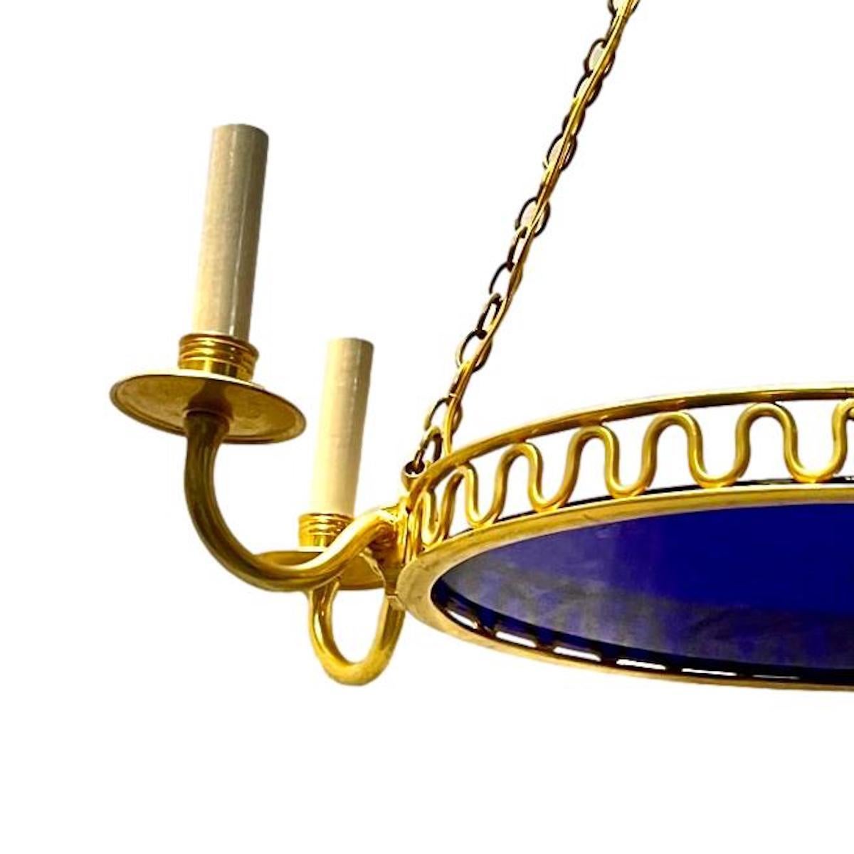 Oval Gilt Bronze Neoclassic Chandelier with Cobalt Glass In Good Condition For Sale In New York, NY