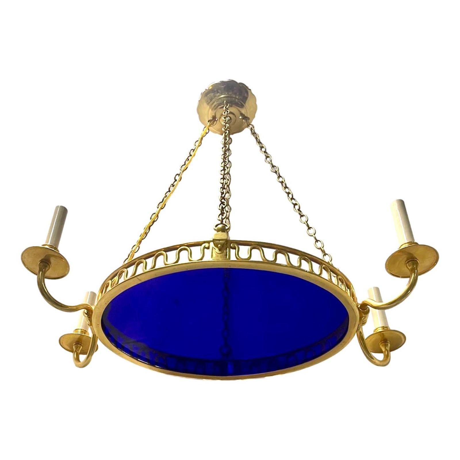 Mid-20th Century Oval Gilt Bronze Neoclassic Chandelier with Cobalt Glass For Sale