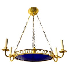 Oval Gilt Bronze Neoclassic Chandelier with Cobalt Glass