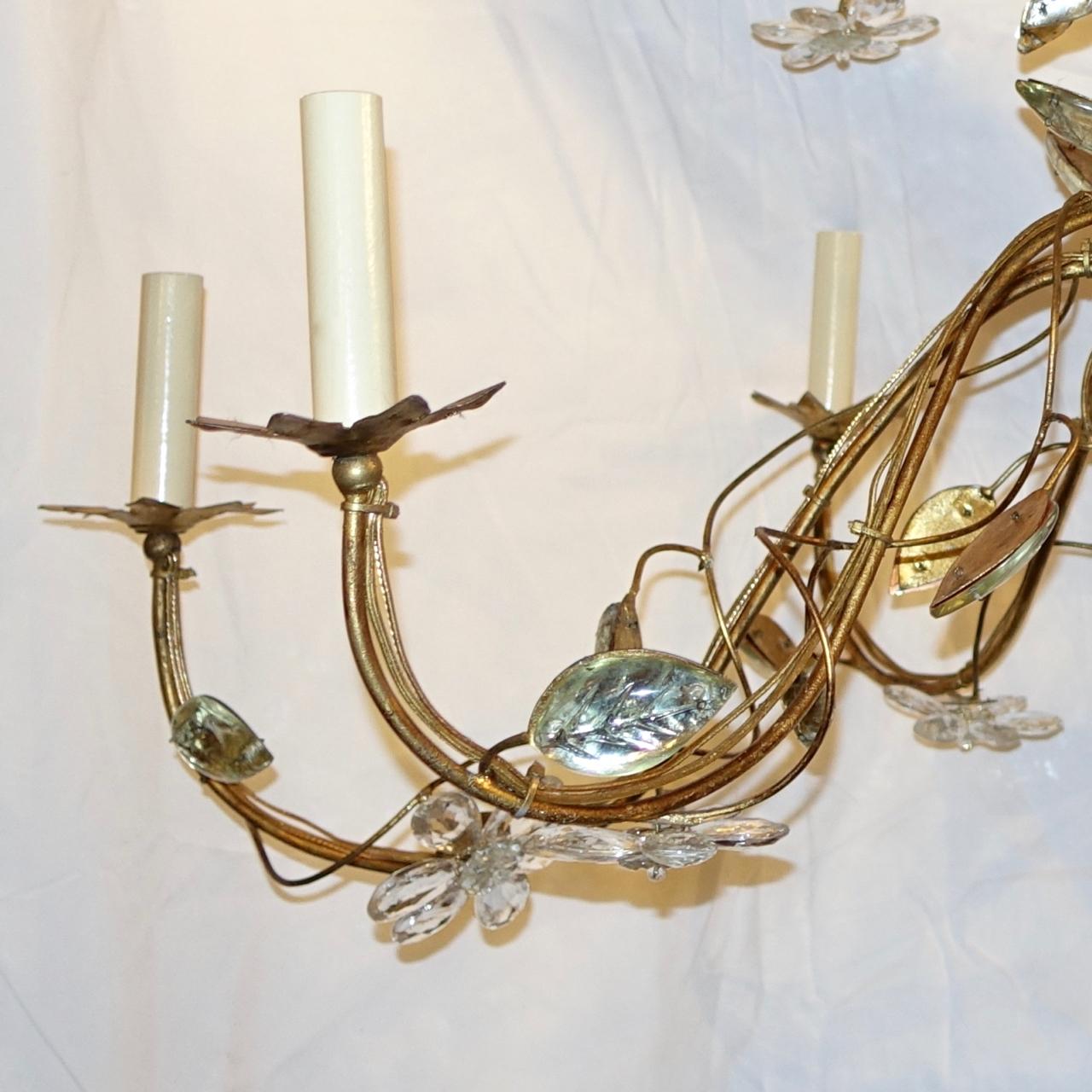French Oval Gilt Metal and Glass Bird Chandelier For Sale