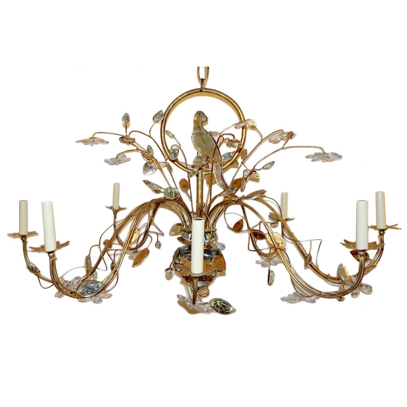 Oval Gilt Metal and Glass Bird Chandelier For Sale