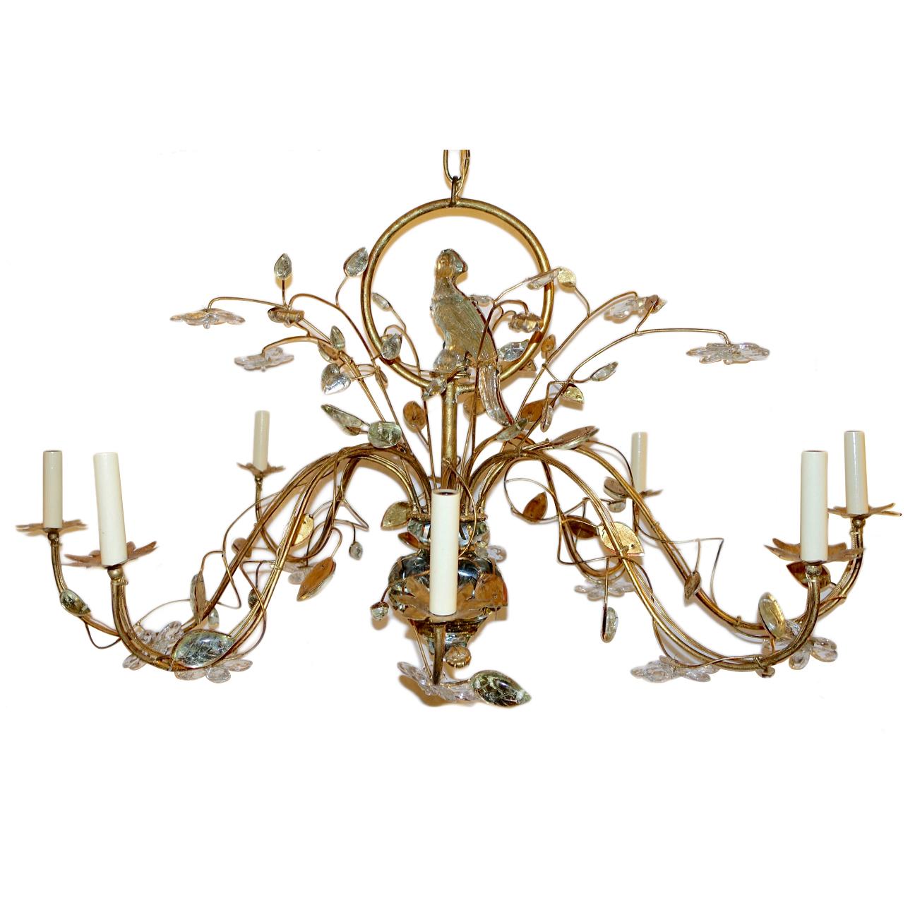 Oval Gilt Metal and Glass Bird Chandelier