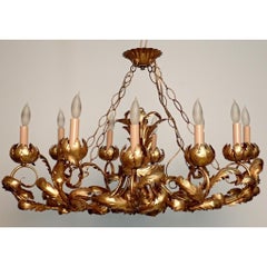 Oval Gilt Tole Chandelier With Leaf Design