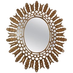 Antique Oval Gilt Wood Mirror with Mirror Insets