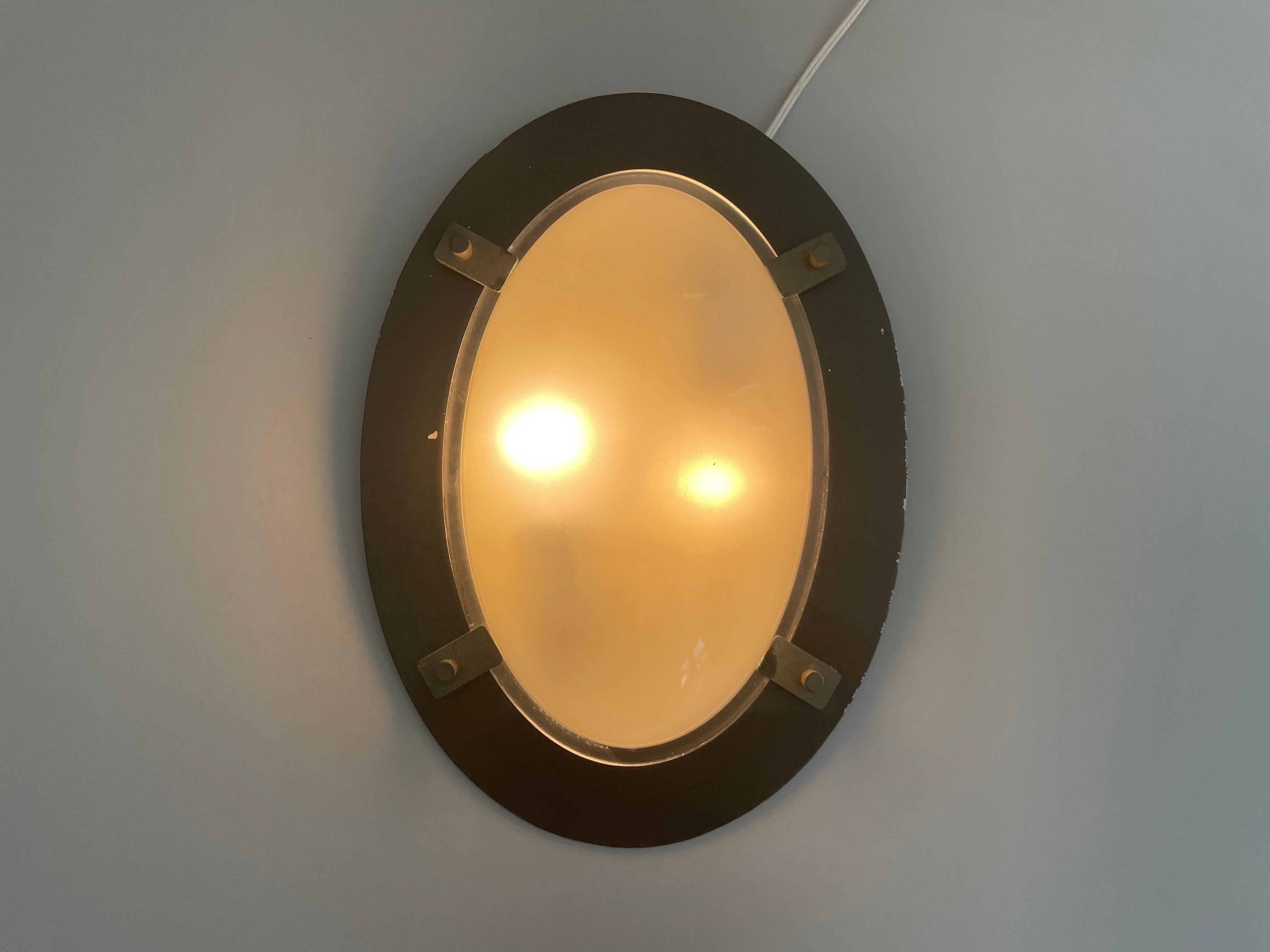 Oval Glass & Black backplate Industrial Wall or Ceiling Lamp, 1960s, Italy For Sale 3