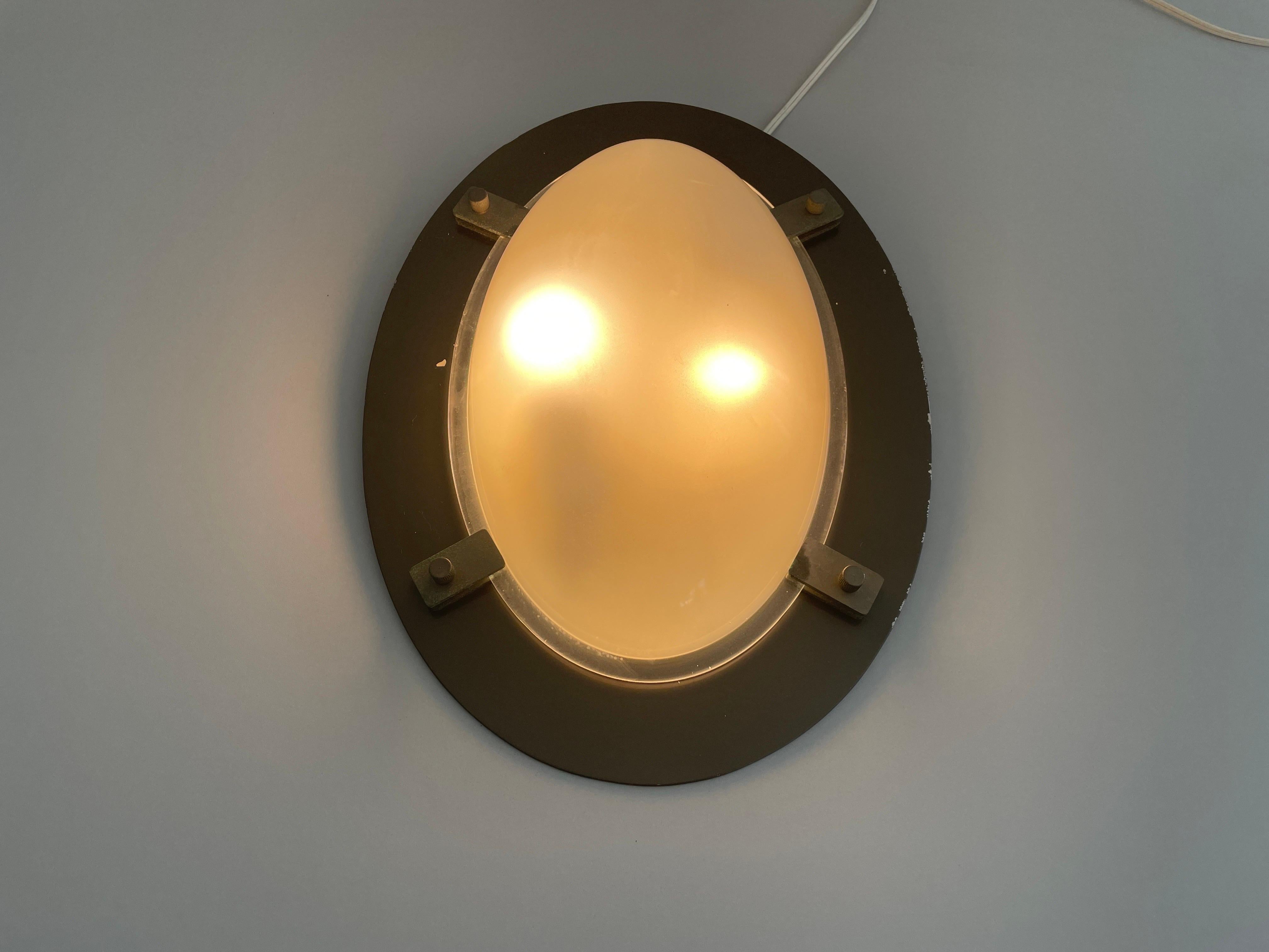 Oval Glass & Black backplate Industrial Wall or Ceiling Lamp, 1960s, Italy For Sale 2