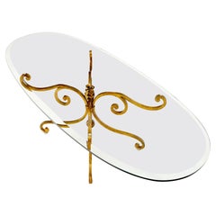 Oval Glass Gold Gilt Wrought Iron Metal Base Hollywood Regency Coffee Table