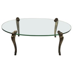 Oval Glass Top Coffee Table with Brass Cabriole Legs Attributed to Chapman