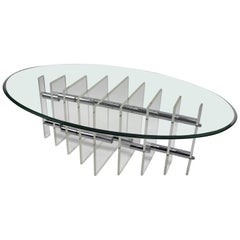 Oval Glass Top Lucite and Chrome Base Coffee Table