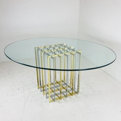 Oval Glass Top Pierre Cardin Brass and Chrome Grid Table