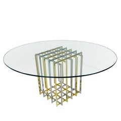 Oval Glass Top Pierre Cardin Brass and Chrome Grid Table
