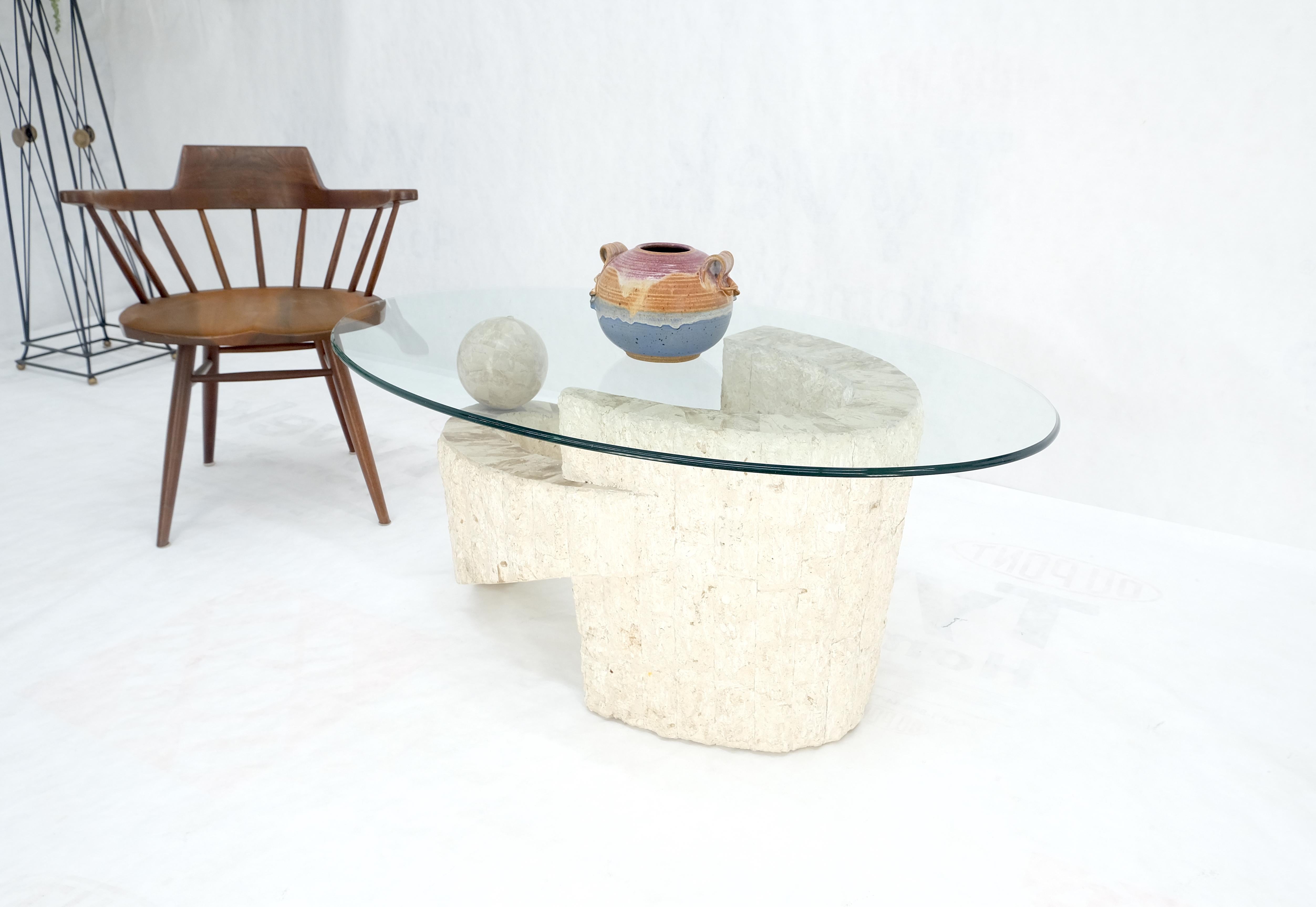 Oval Glass Top Polished Ball & Shoe Shape Tessellated Marble Base Coffee Table For Sale 3
