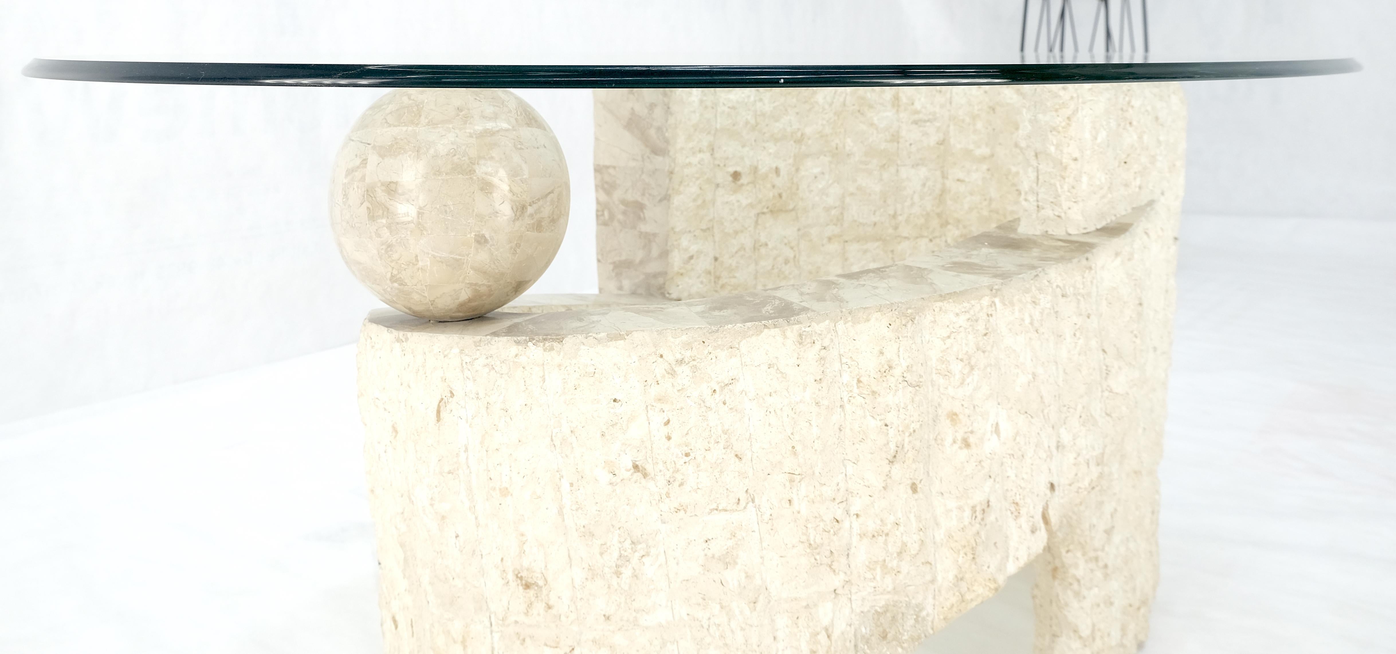 Oval Glass Top Polished Ball & Shoe Shape Tessellated Marble Base Coffee Table MINT!
