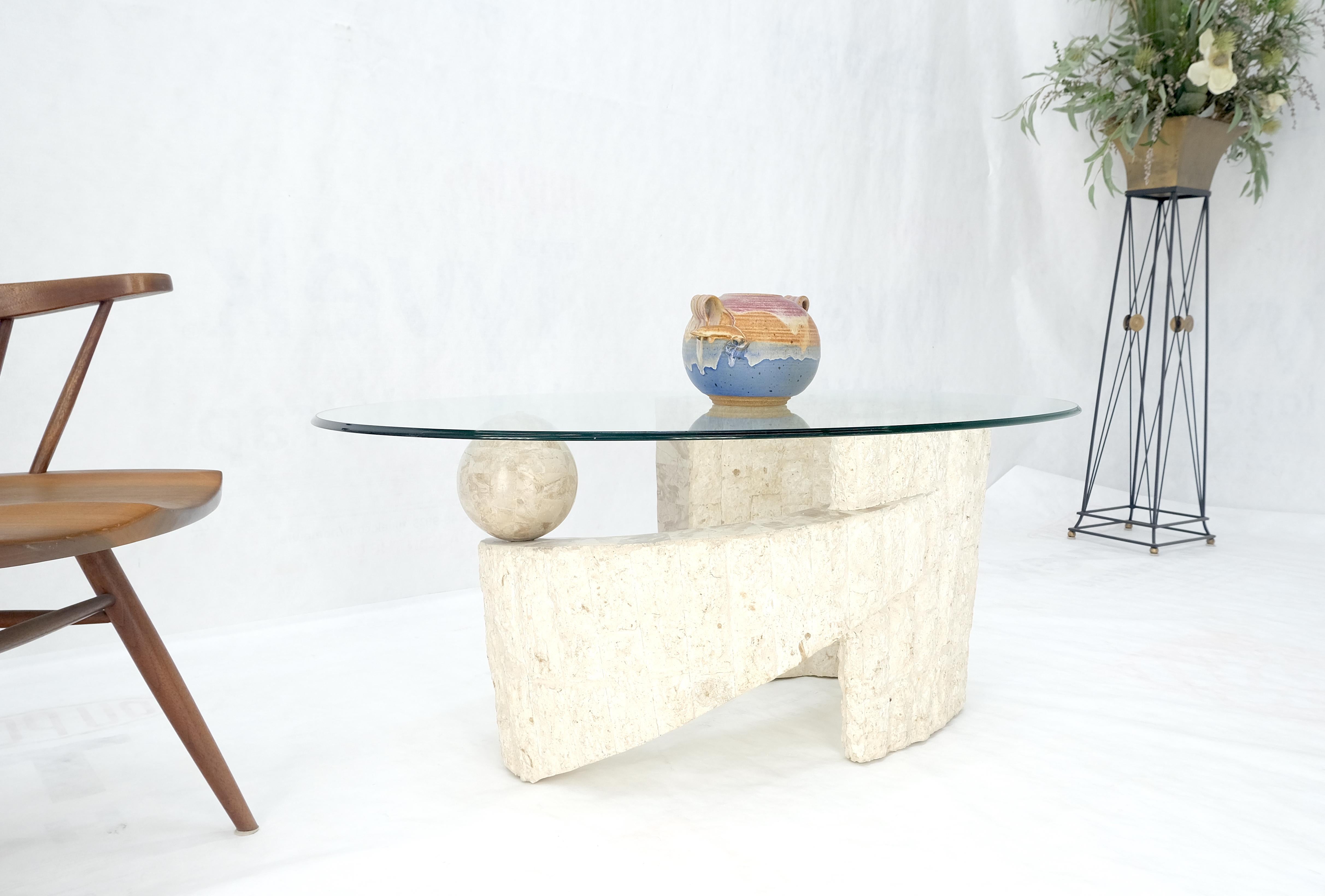 Oval Glass Top Polished Ball & Shoe Shape Tessellated Marble Base Coffee Table For Sale 1