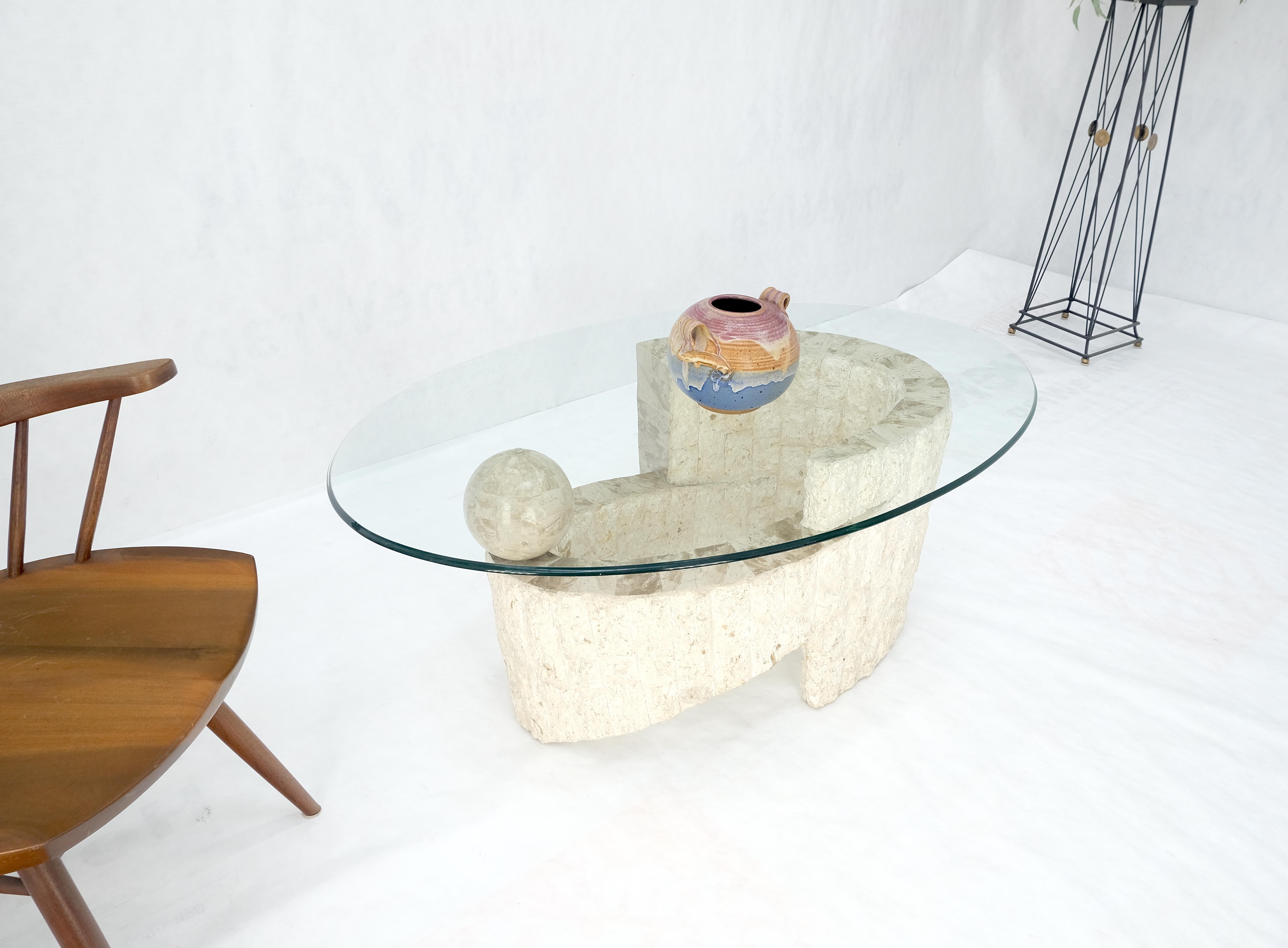 Oval Glass Top Polished Ball & Shoe Shape Tessellated Marble Base Coffee Table For Sale 2