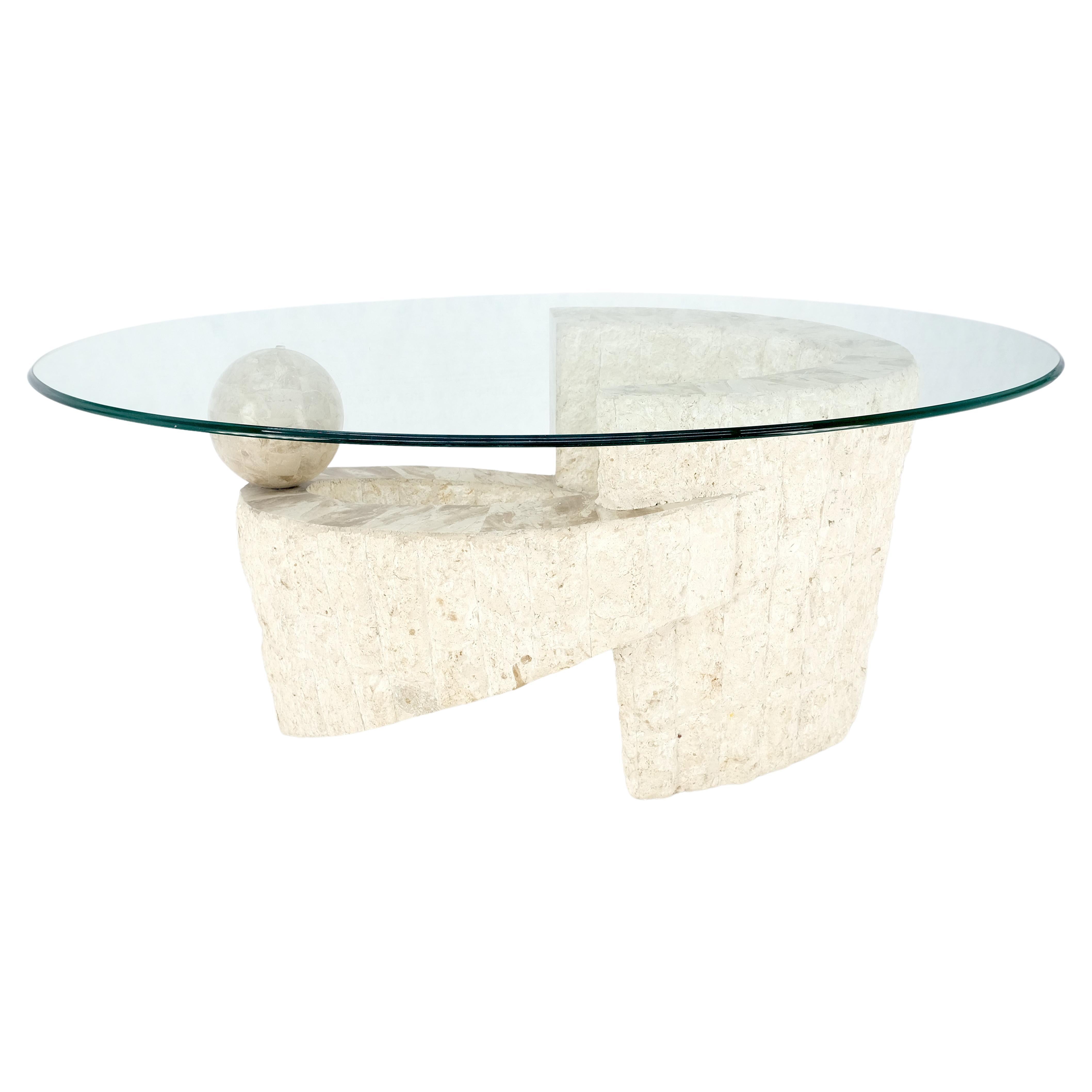 Oval Glass Top Polished Ball & Shoe Shape Tessellated Marble Base Coffee Table For Sale