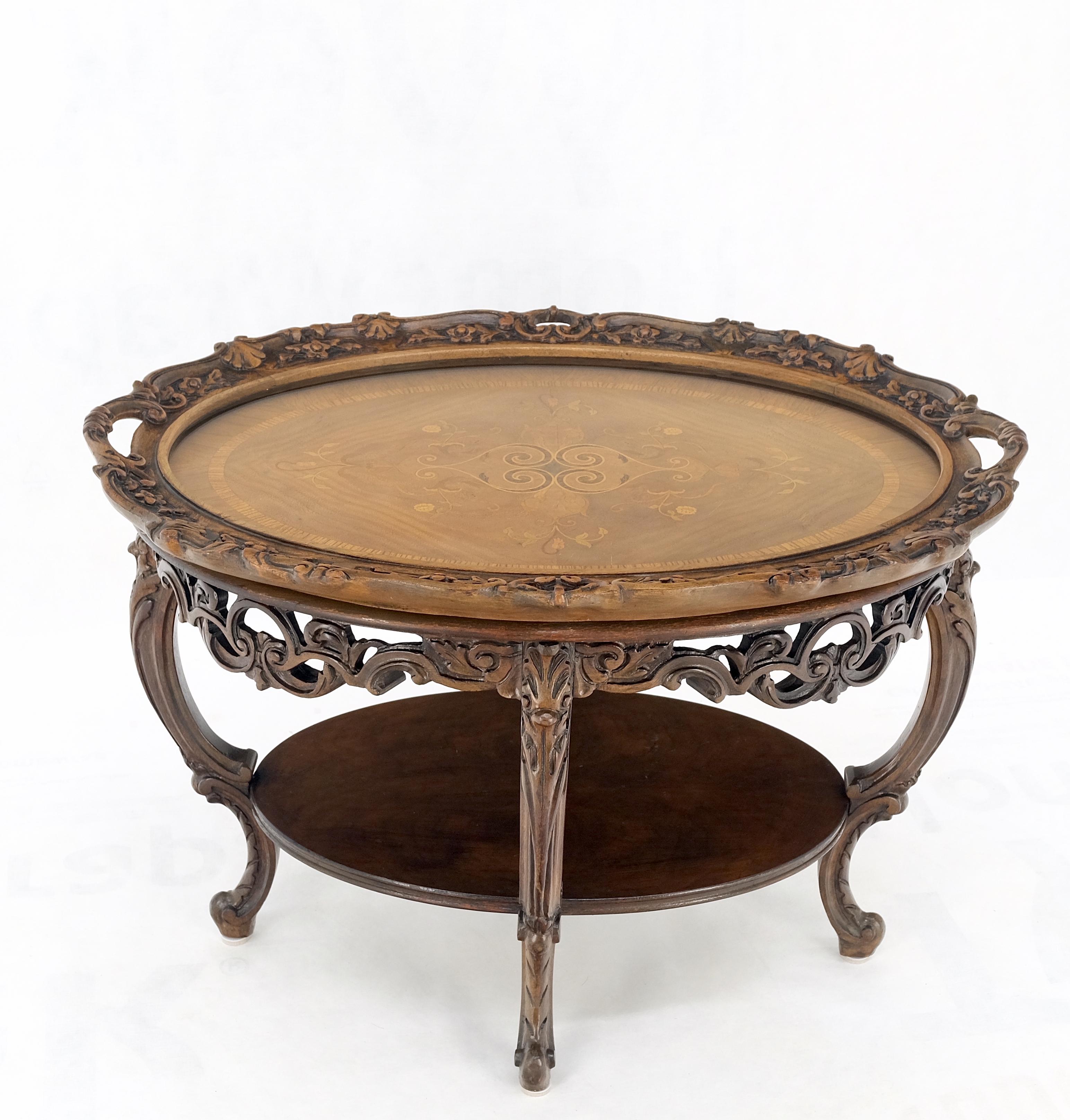 Oval Glass Tray Top Heavily Carved Inlay Walnut Side End Occasional Coffee Table For Sale 2