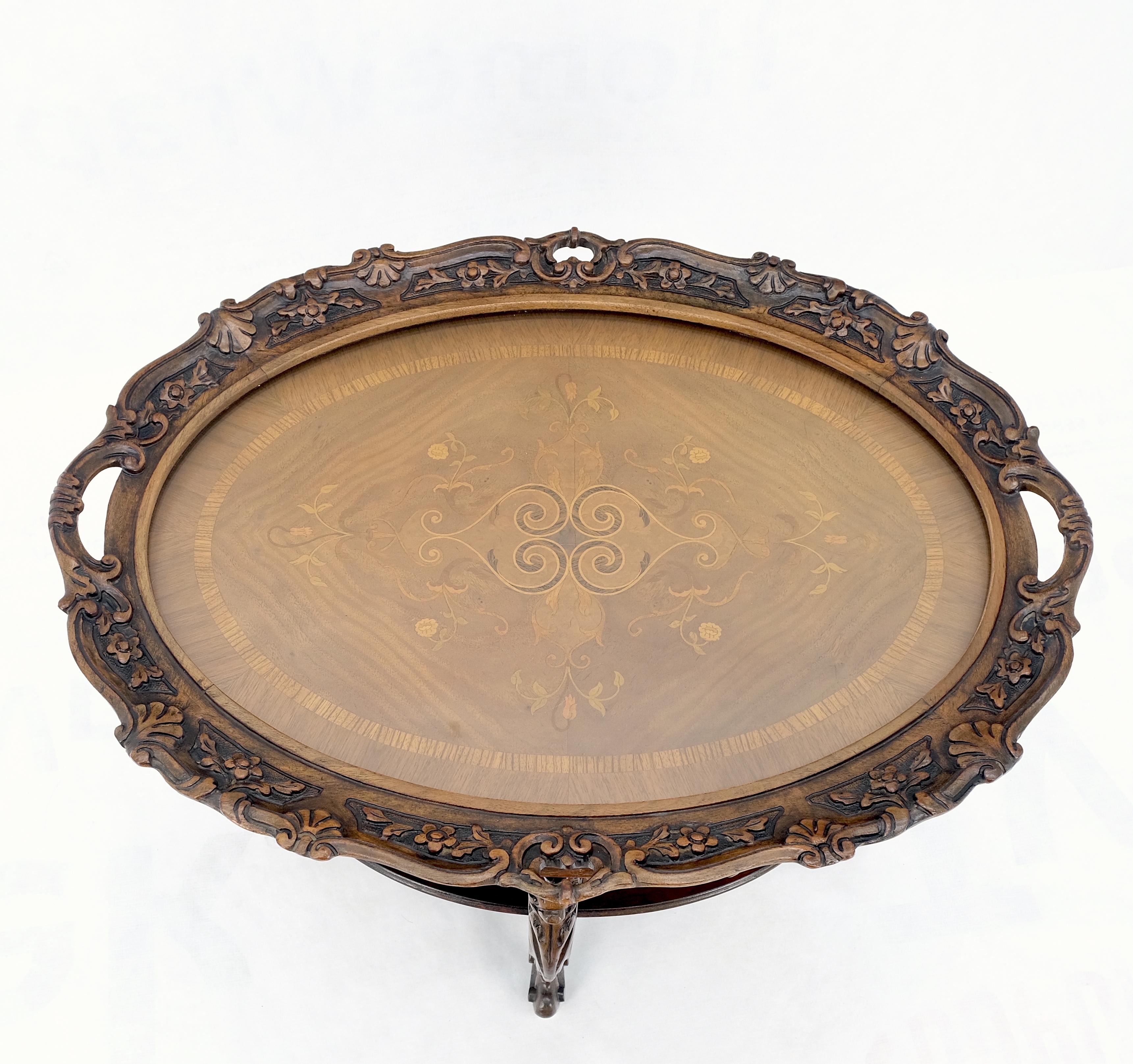Oval Glass Tray Top Heavily Carved Inlay Walnut Side End Occasional Coffee Table For Sale 3