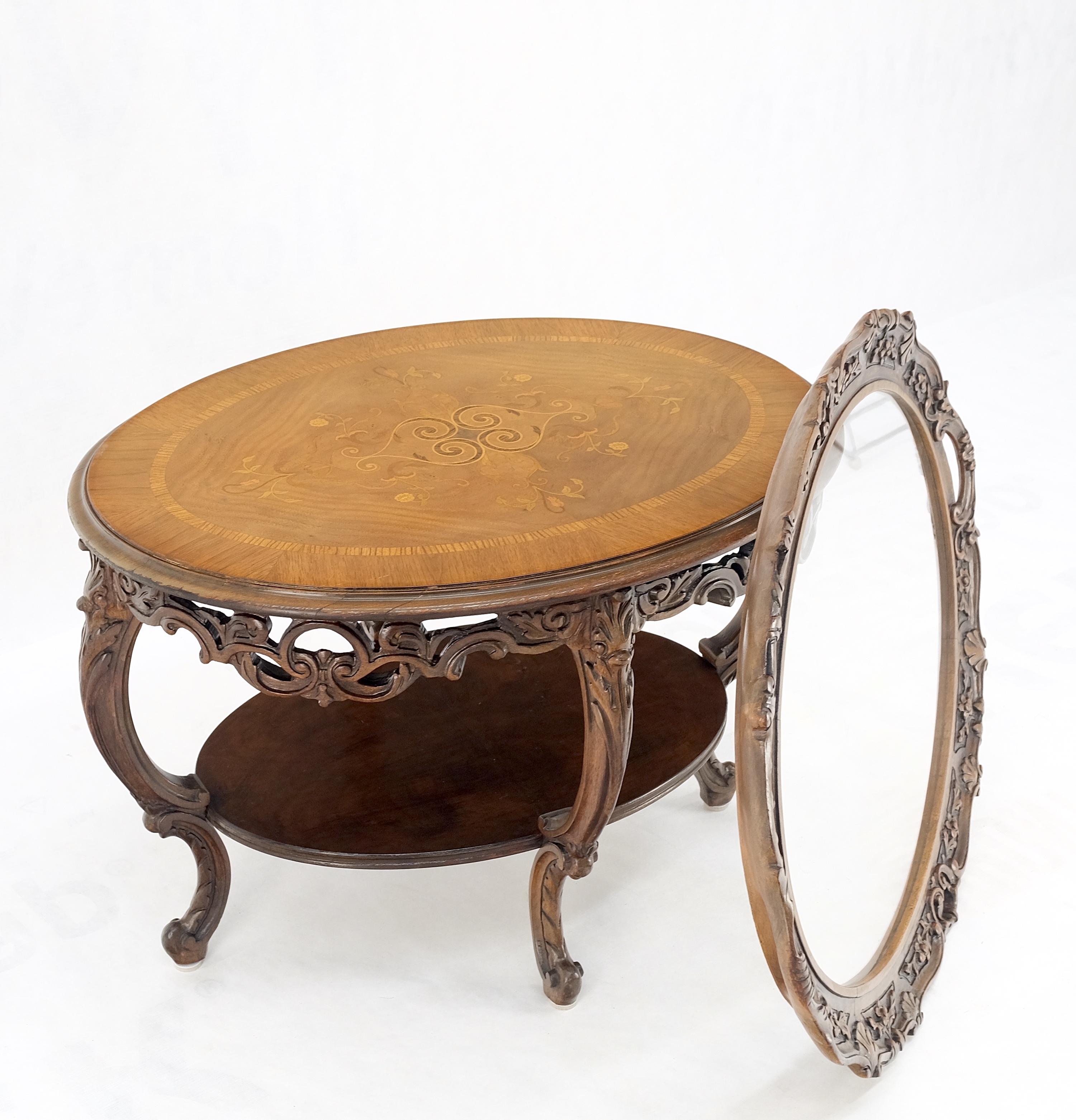 Oval Glass Tray Top Heavily Carved Inlay Walnut Side End Occasional Coffee Table For Sale 1