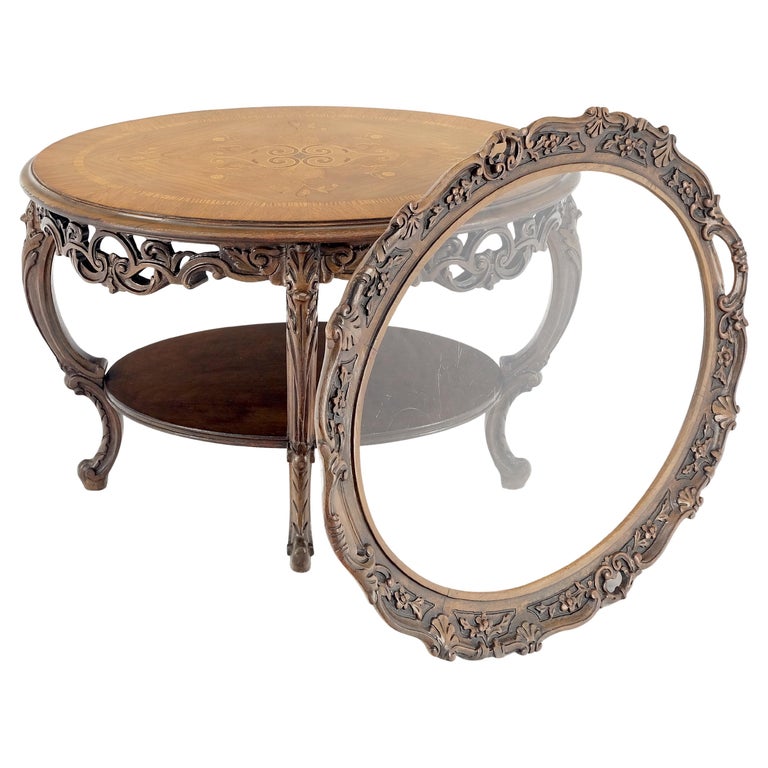 Oval Glass Tray Top Heavily Carved Inlay Walnut Side End Occasional Coffee Table For Sale at 1stDibs